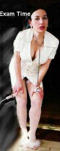Janca posing in sexy white vinyl nurse uniform saying; 'it's time for your exam'