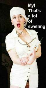 Janca in sexy white vinyl nurs uniform saying; 'my that's a lot of swelling'